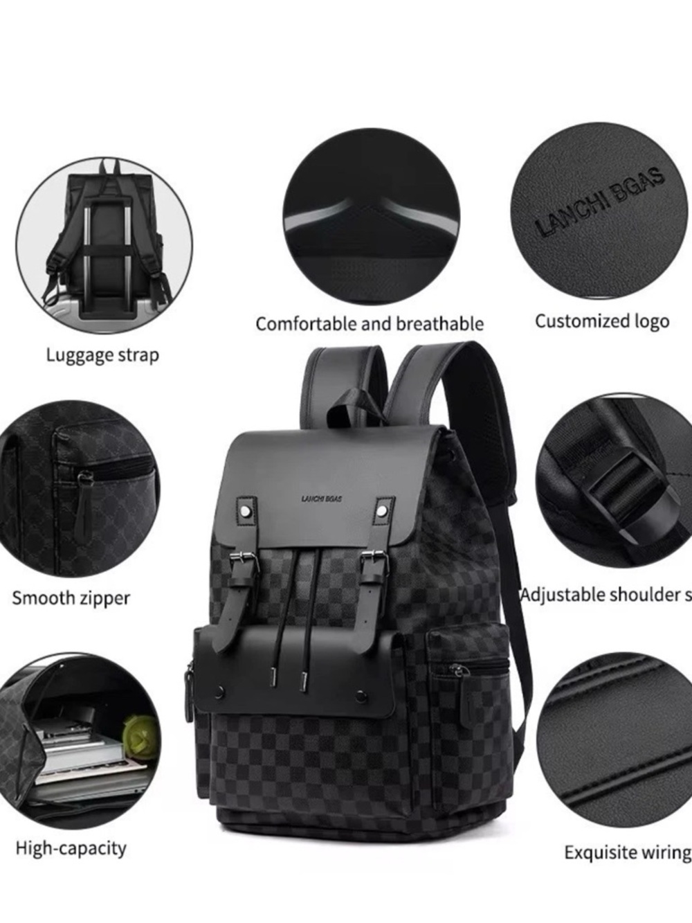 Black Check-Pattern Men's Backpack - Picture 3 of 5